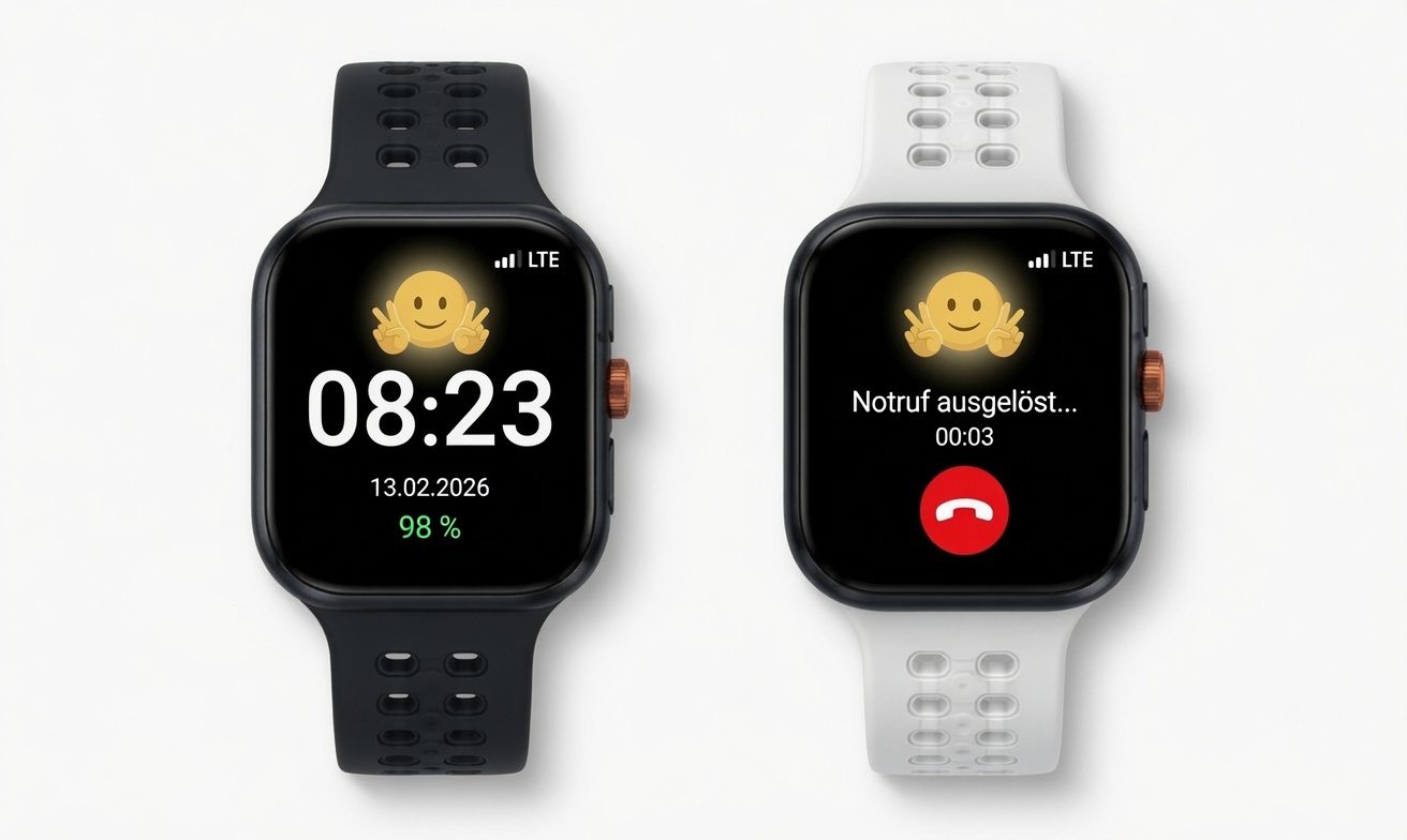 SmartCareWatch in Schwarz und Weiß – Notruf wird ausgelöst