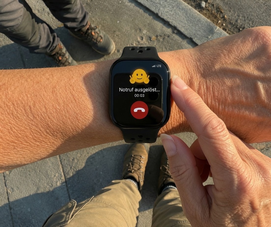 SmartCareWatch am Handgelenk löst einen Notruf aus