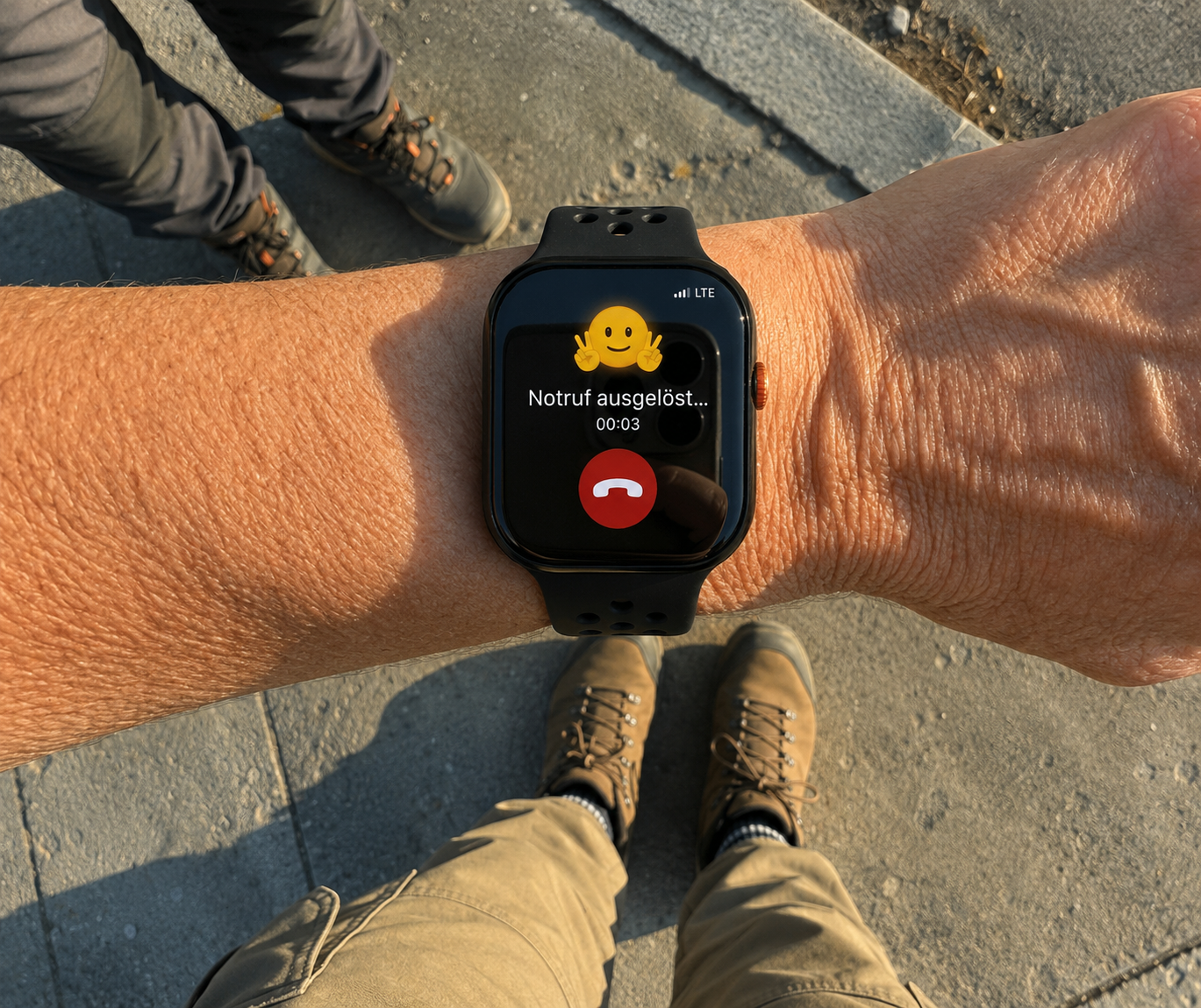 SmartCareWatch am Handgelenk löst einen Notruf aus